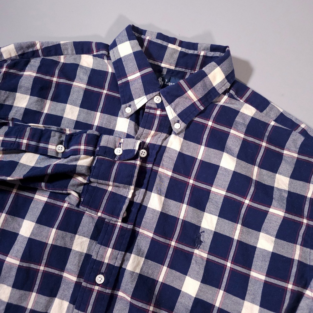 Vintage Polo by Ralph Lauren Flannel‎ Shirt Men's Large Blue Red Cream Plaid